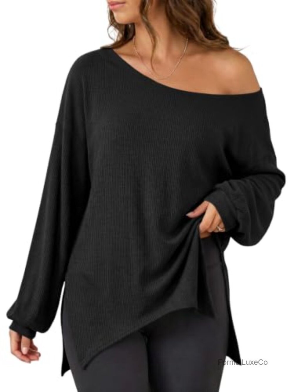 Off Shoulder Sweatshirt Oversized Long Sleeve Ribbed Knit Pullover Tunic Side